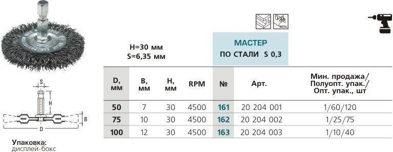 Щетка дисковая, гофрированная № 622 ПрофОснастка Эксперт 6гр хв 6.35 мм D75 мм RPM 4500  SS (нерж)  0,3