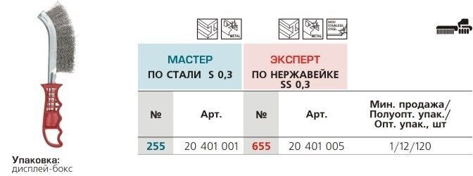 Щетка гофрированная, ручная, нержавейка, пластиковая ручка № 655 ПрофОснастка Эксперт SS 0,3